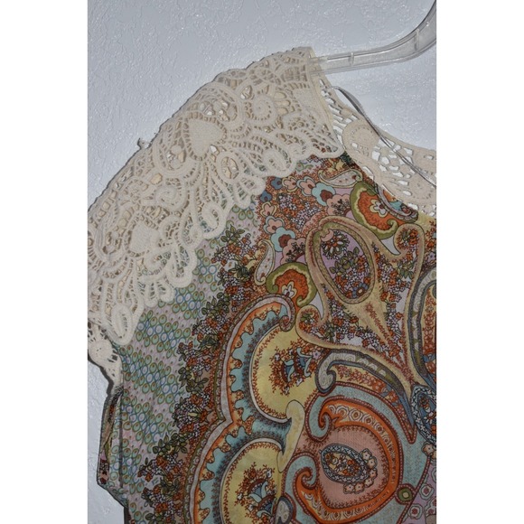 One World Sleeveless Top Large Crochet Shoulders High-Low Hem Sheer Boho Hippie - Picture 7 of 16